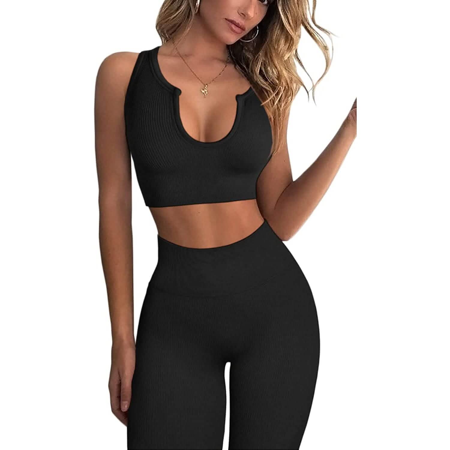 2-Piece Set: Ribbed Seamless Crop Tank High Waist Yoga Leggings